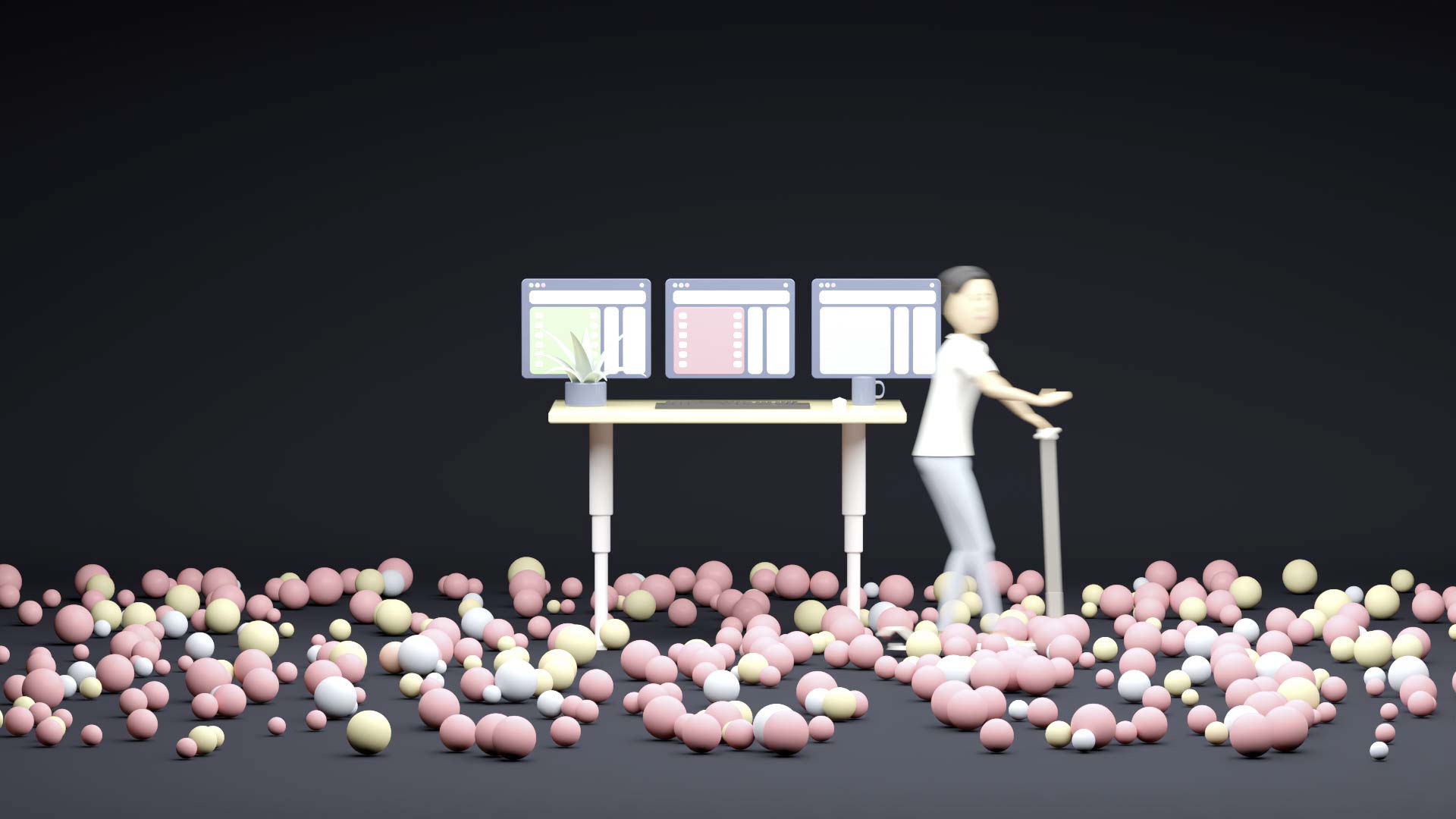 A co-worker enters the workspace represented by a height-adjustable desktop. The co-worker uses an e-scooter. In the room, there are numerous rolling balls representing itesign-developed apps.